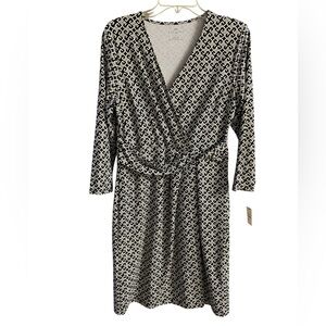 Talbots black white geometric print midi dress faux wrap Medium NWT
